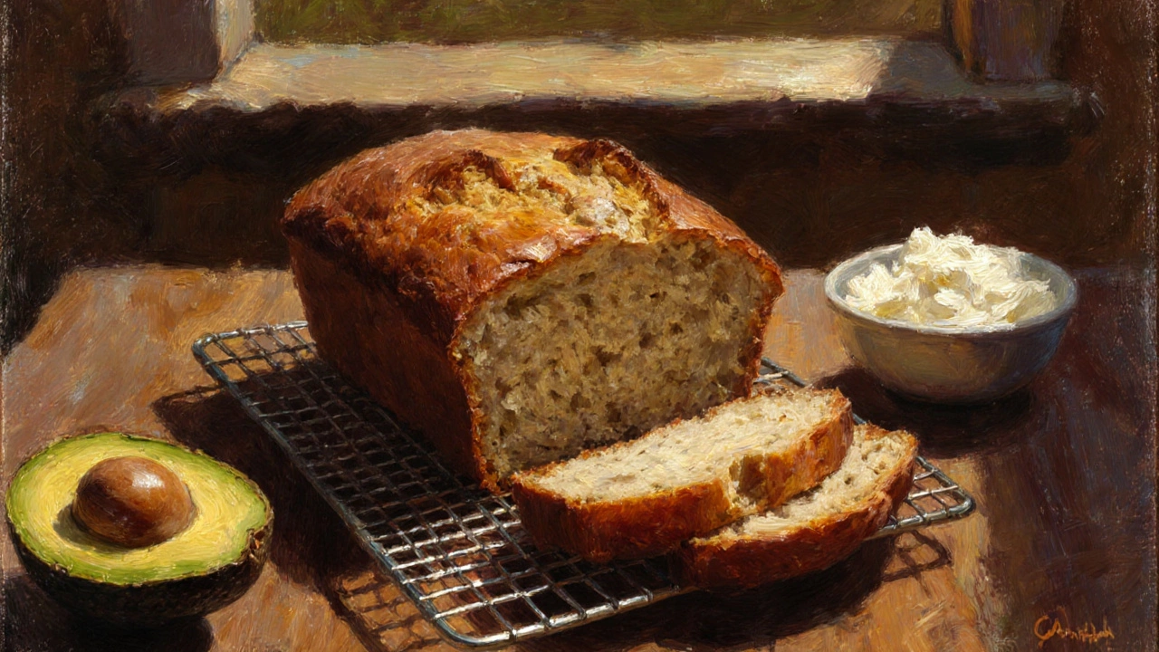Domácí kváskový žitný chléb na chladicím roštu, podávaný s avokádem a tvarohem.