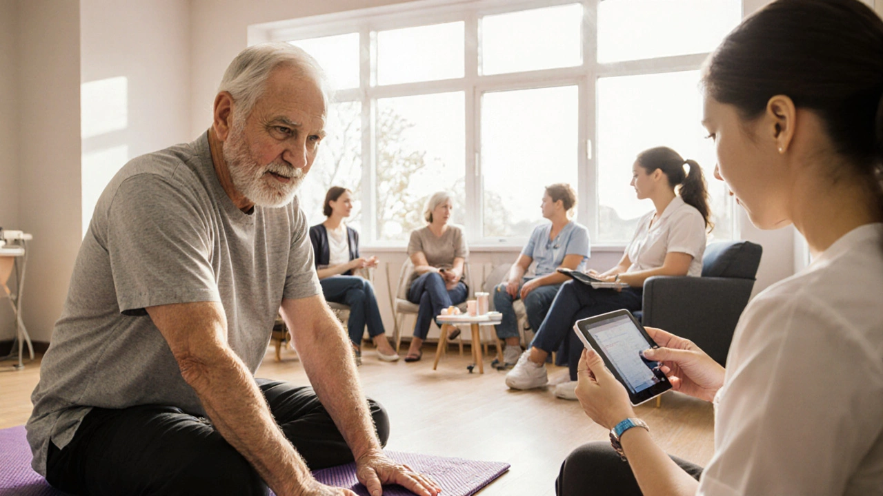 Fotografie pacienta zapojeného do fyzioterapie, medikace, psychologické a skupinové podpory.
