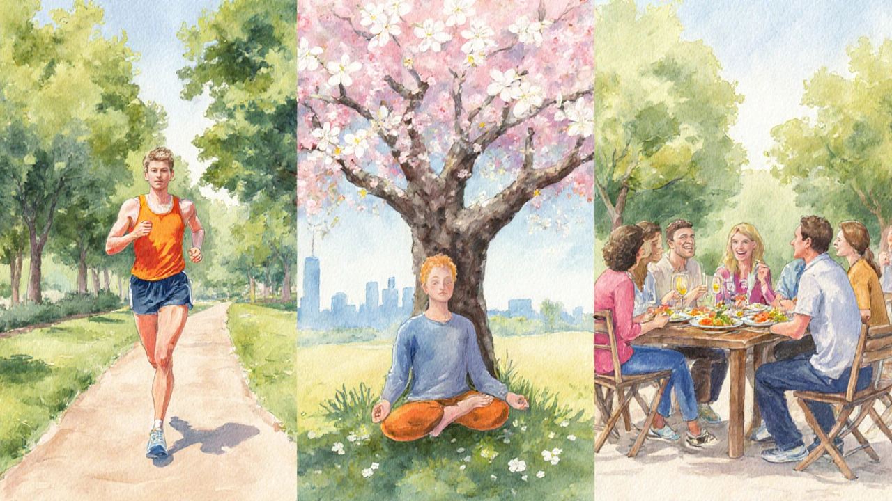 Jóga, běh a přátelský oběd propojené v jednom vodováčném obrazu.