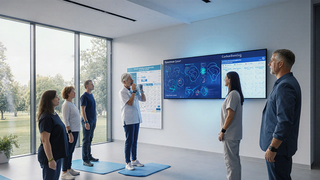 Kinozáběr moderního centra rehabilitace s digitálními zařízeními a pacienty v Ústí nad Labem.