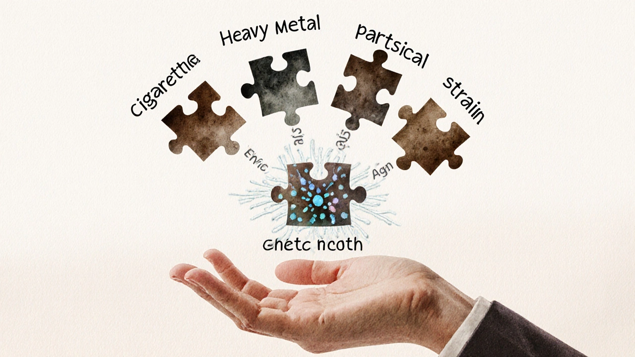 Kousky skládačky reprezentující rizikové faktory ALS: kouření, těžké kovy, fyzický stres, stárnutí a genetiku.