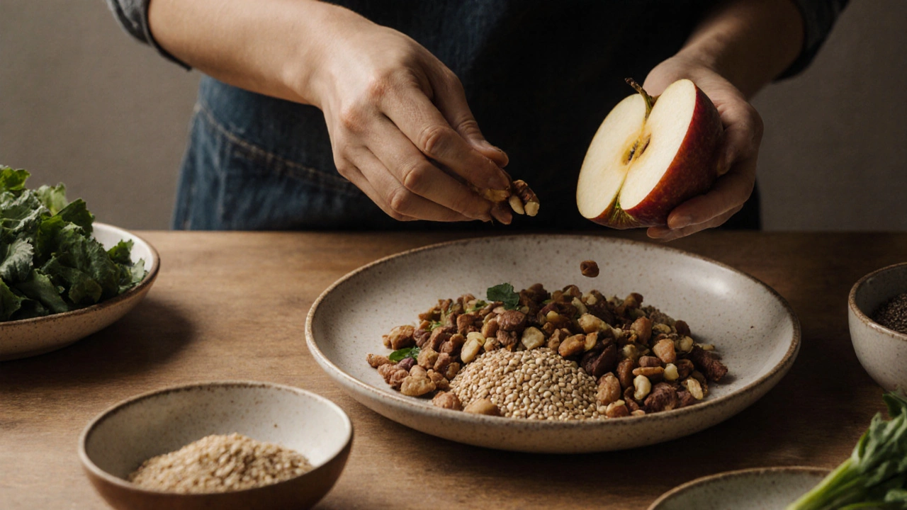 Osoba přidává ořechy a ovoce do jídelna, zdravá strava v přirozeném prostředí.