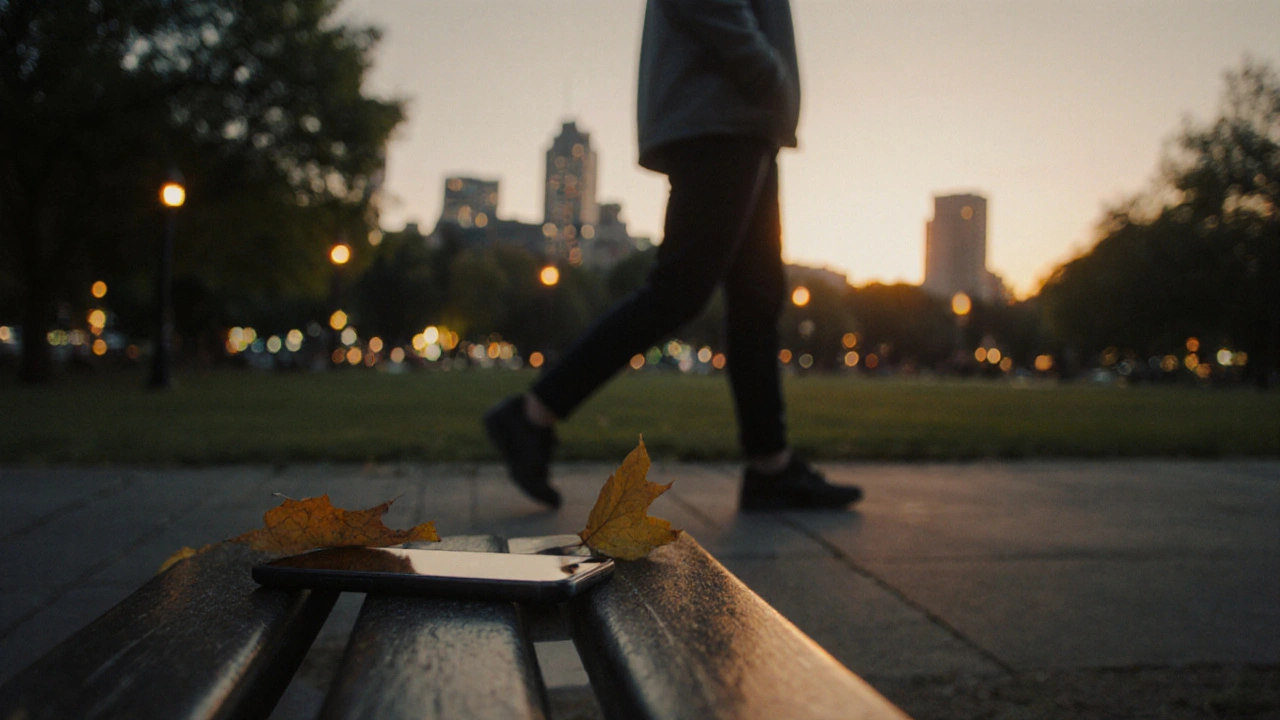 Osoba prochází parkem večer, vypnutý telefon na lavičce, klidná atmosféra.