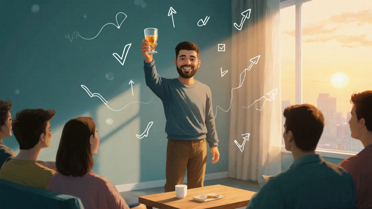 Osoba slaví úspěch s přáteli, v pozadí plovoucí symboly pokroku.