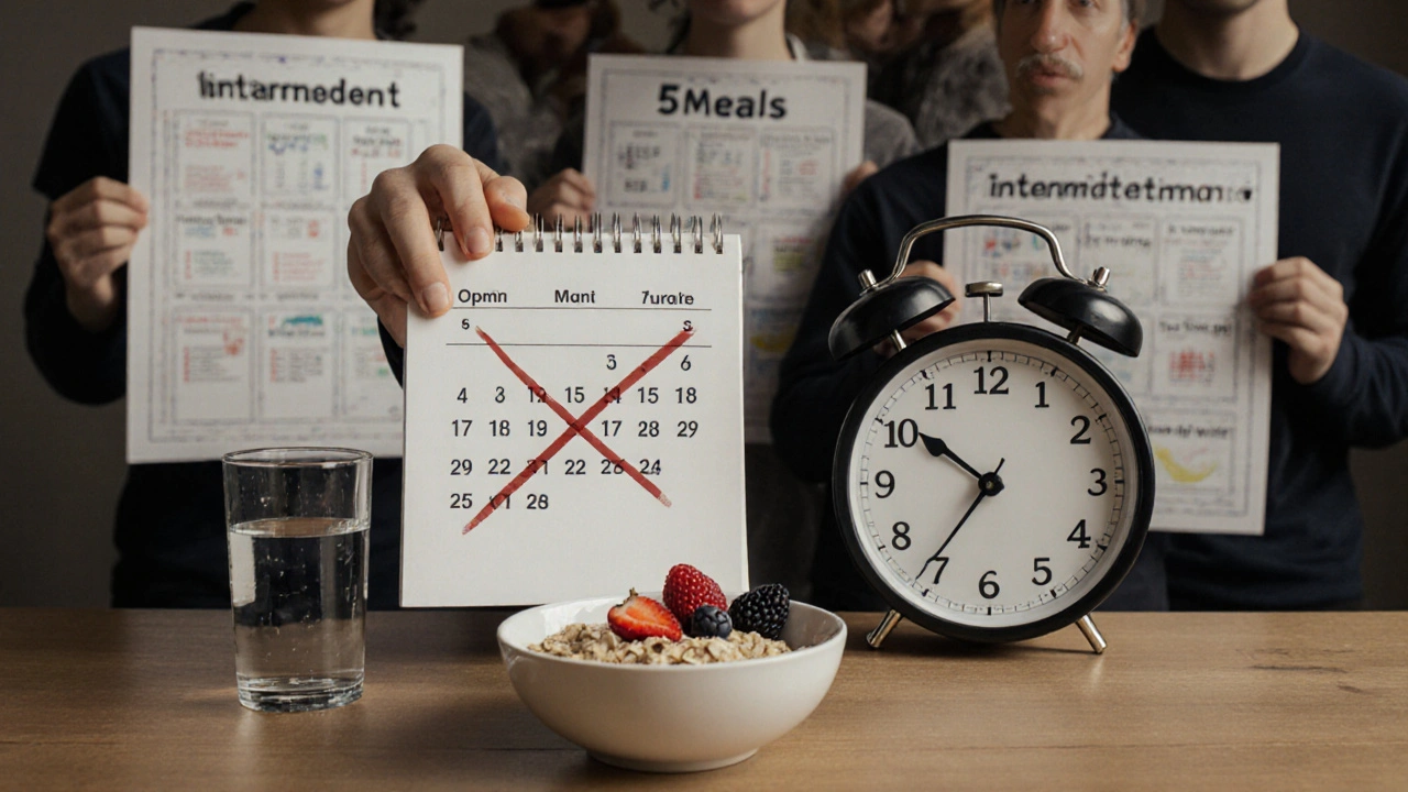 Osoba stojí u hodin a kalendáře s vyškrtnutými dny, před ní jednoduché zdravé jídlo.