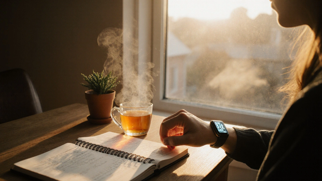 Osoba u okna kontroluje zdraví na smartwatchu, s deníkem a rostlinou.