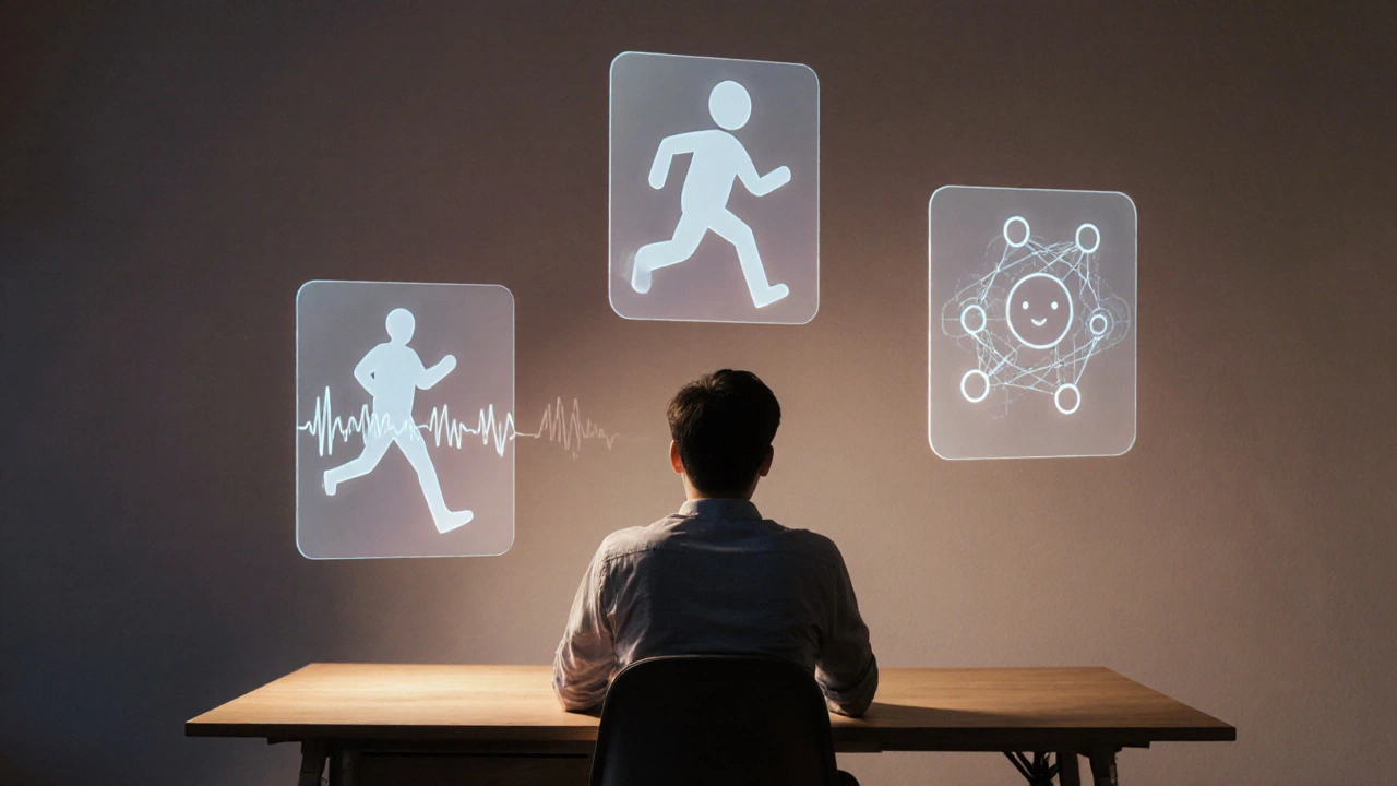 Osoba u stolu obklopená třemi transparentními hologramy ukazujícími tělesné, duševní a sociální ukazatele.