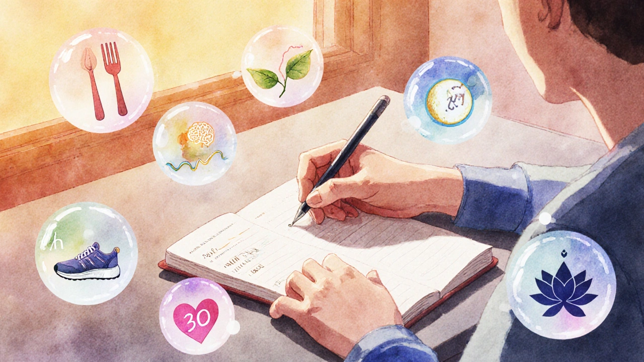 Osoba zapisuje do deníku, kolem ní jsou bubliny s ikonami výživy, pohybu a spánku.