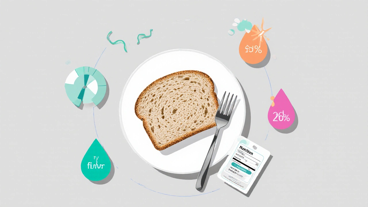 Pohled shora na plátek chleba s barevnými ikonami znázorňujícími vlákninu, GI a kalorie.