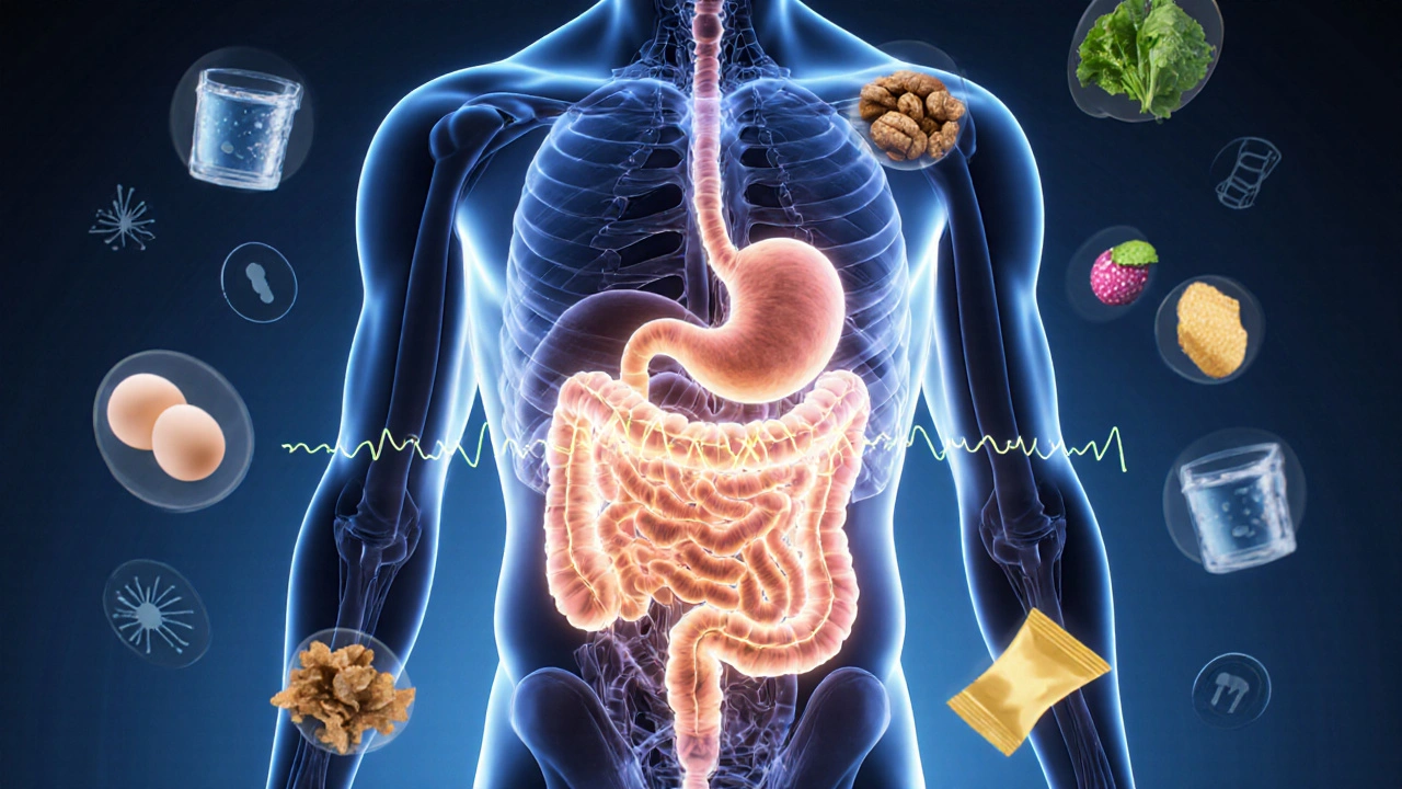 Průřez tělem s rytmickým světlem v trávicím systému a zdravými potravinami.