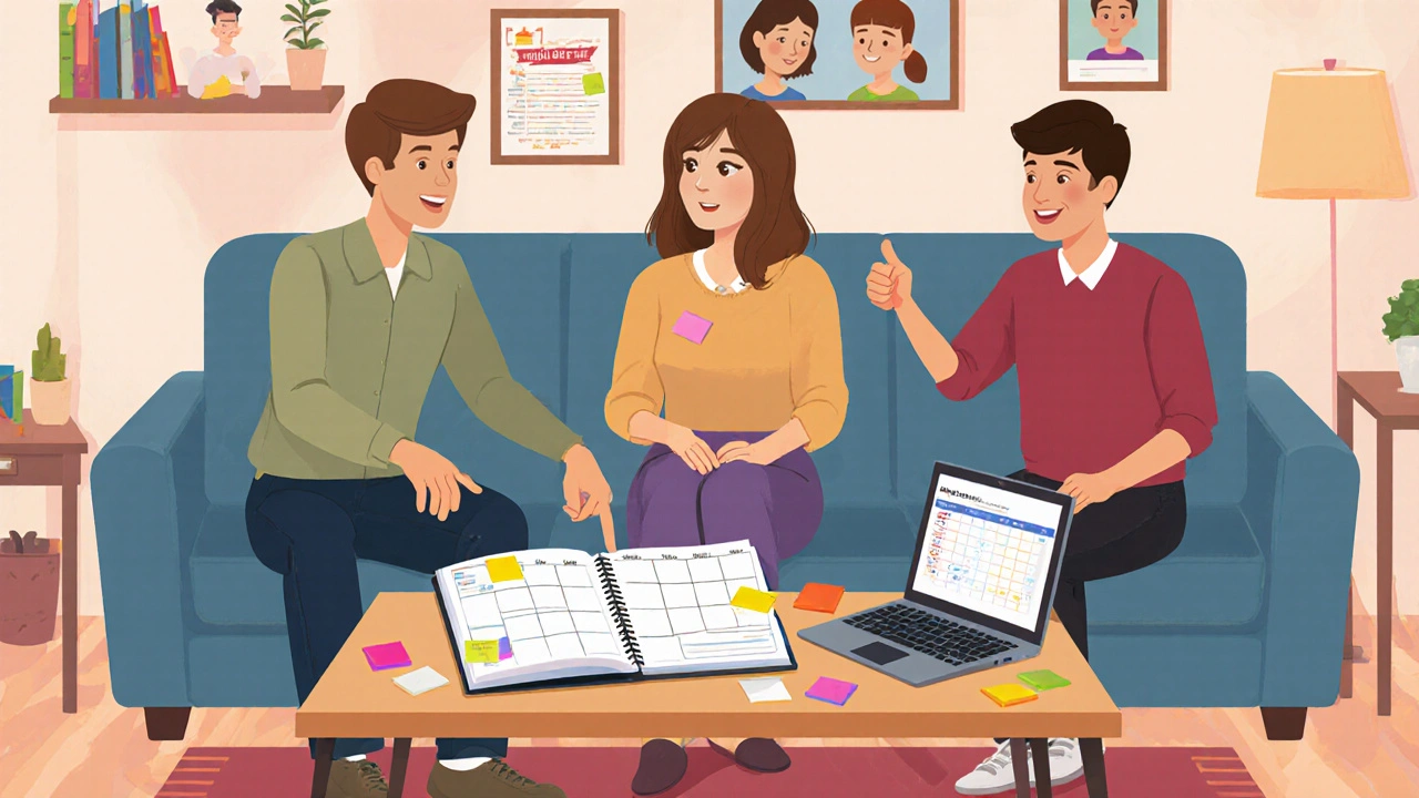 Rodina, učitel a žák plánují docházku u stolu.