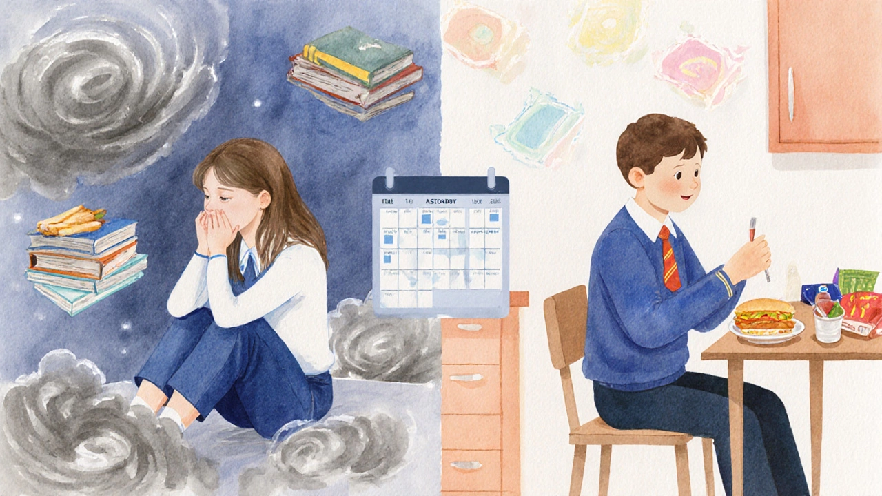 Rozdělený obraz: dívka trpí úzkostí, chlapec jí nezdravé jídlo.