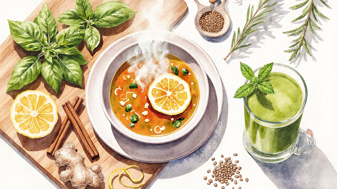 Ručka posypává bylinky na horkou polévku, barevné ingredience kolem.