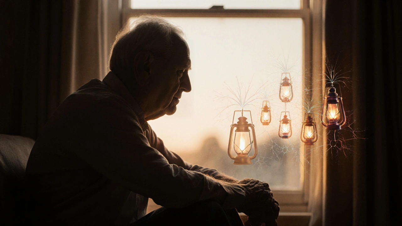 Starý muž s lehce třesoucí se rukama, za ním průhledný obraz tmavnoucích nervových buněk.