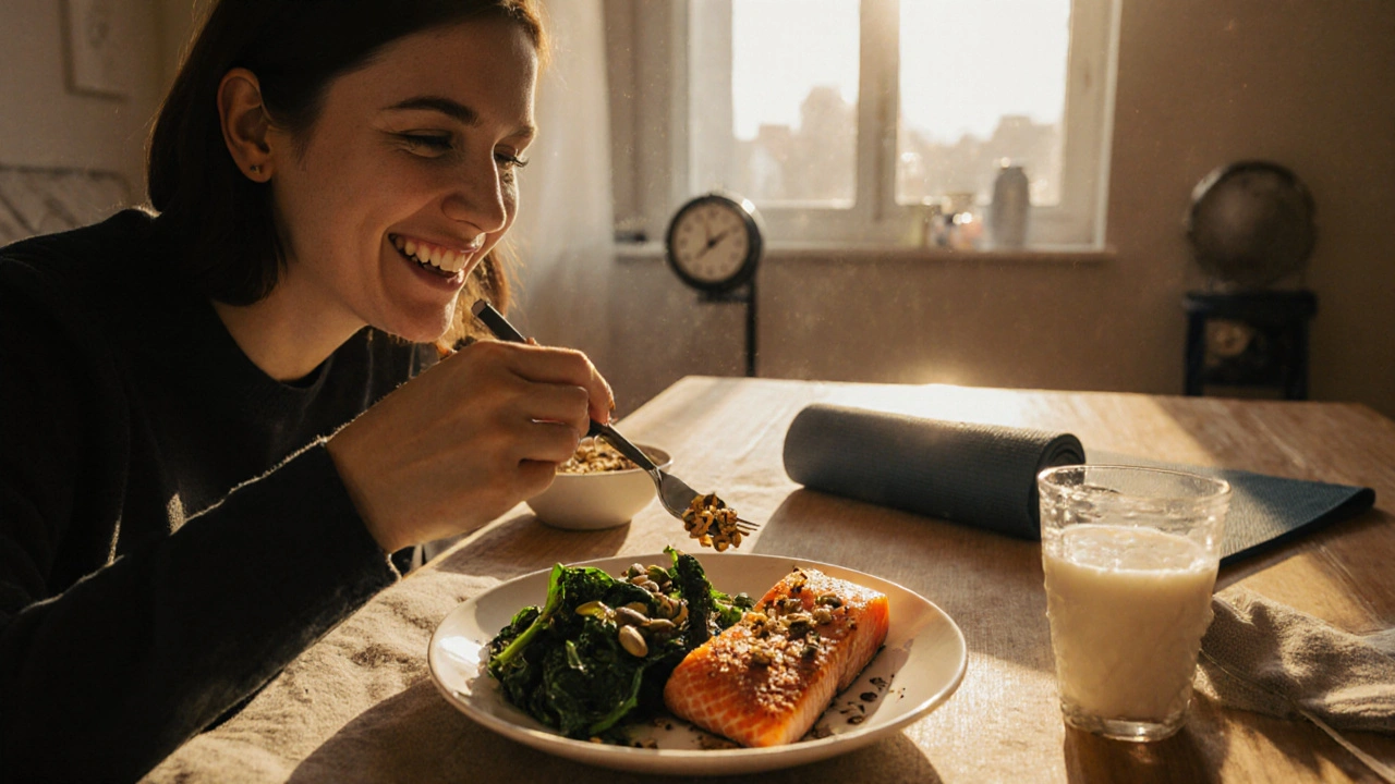 Šťastná osoba s úsměvem jí výživné jídlo, kolem ikony spánku a cvičení.