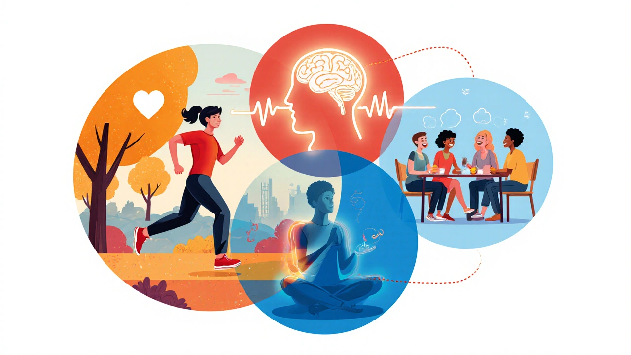 Tři propojené kruhy znázorňují fyzické, duševní a sociální zdraví s běžcem, meditujícím a přáteli.