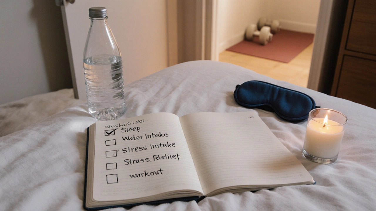Večerní fotočekání spánkového deníku, láhve s vodou a úspěšné návyky v ložnici.