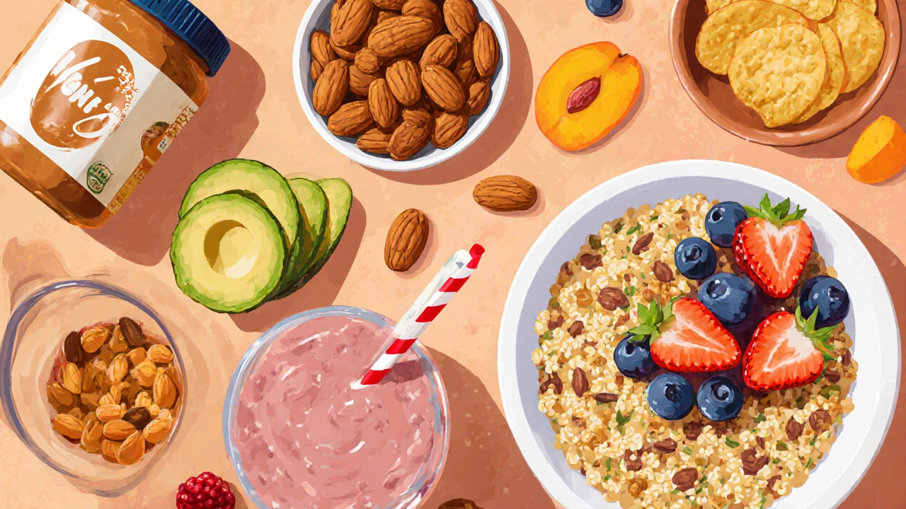 Vybrané vysokokalorické potraviny na kuchyňské desce s ovesnou kaší a smoothie.
