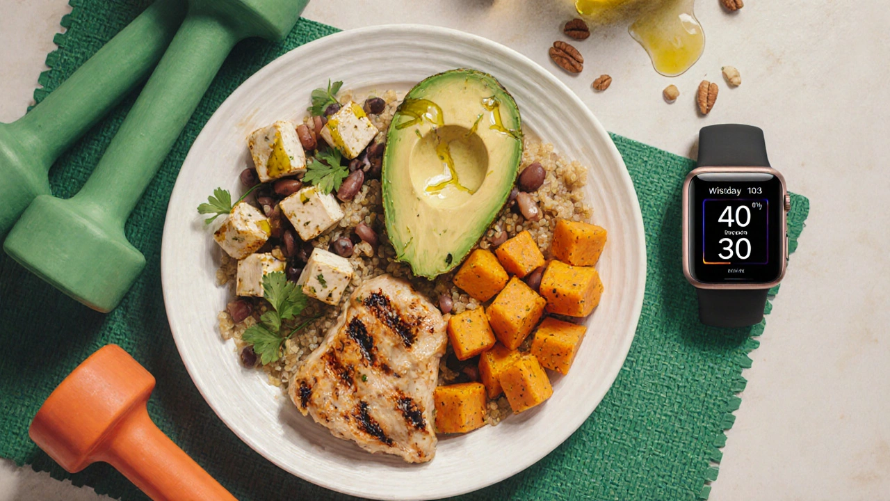 Vyvážený talíř s bílkovinami, sacharidy a tuky, vedle hodinek s HIIT časovačem a činek.