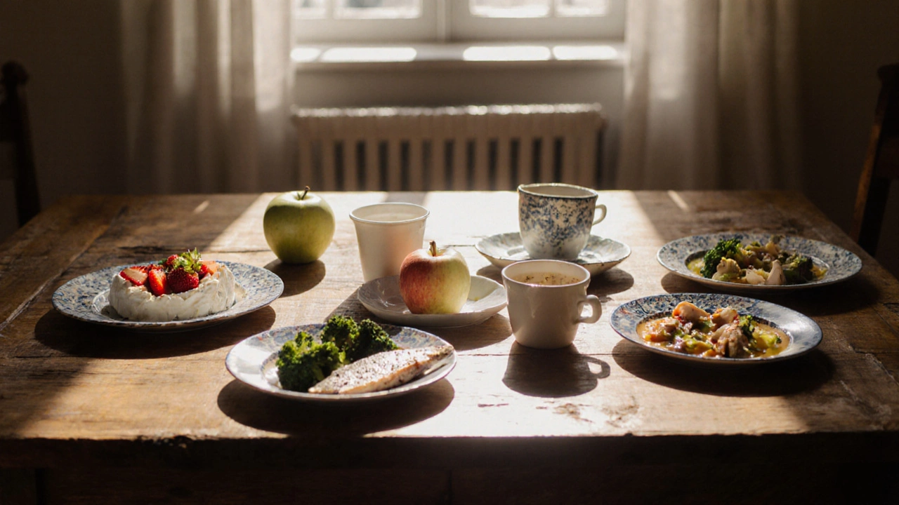 Česká rodina na jídelním stole s pěti malými jídy v pravidelných intervalech.