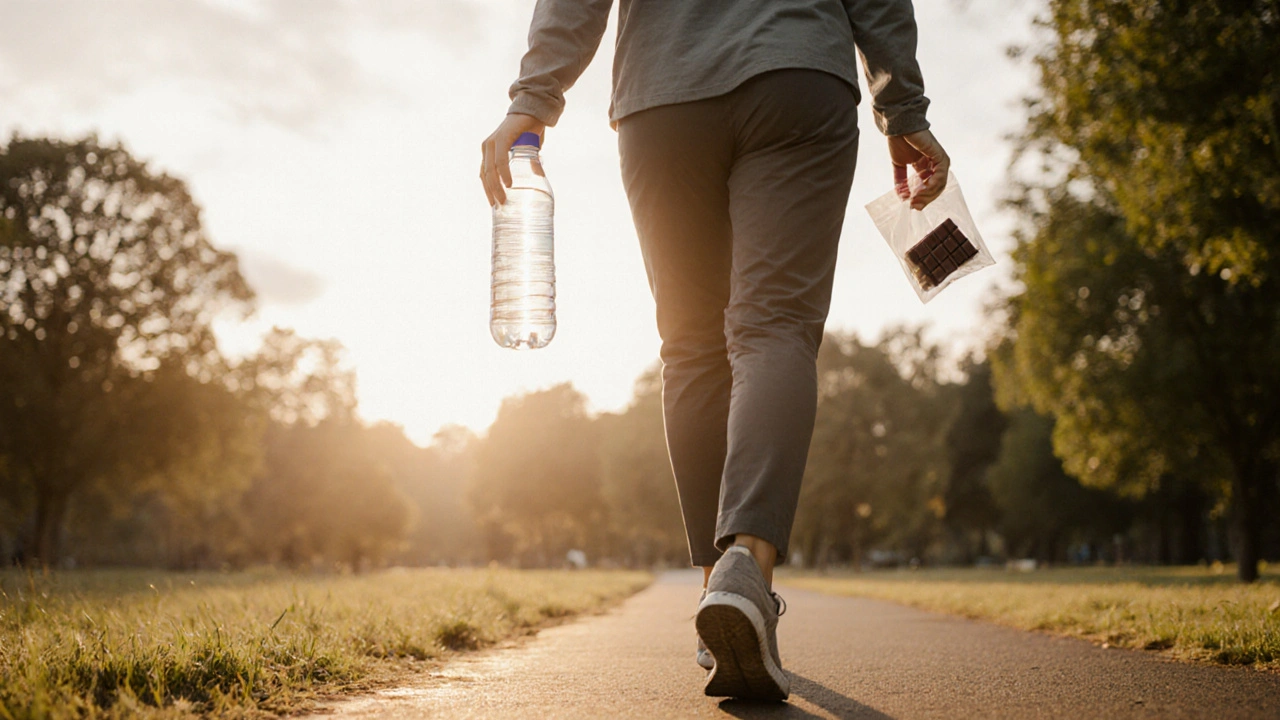 Člověk kráčí v parku večer s lahvičkou vody a tmavou čokoládou, symbolizující zdravý životní styl.