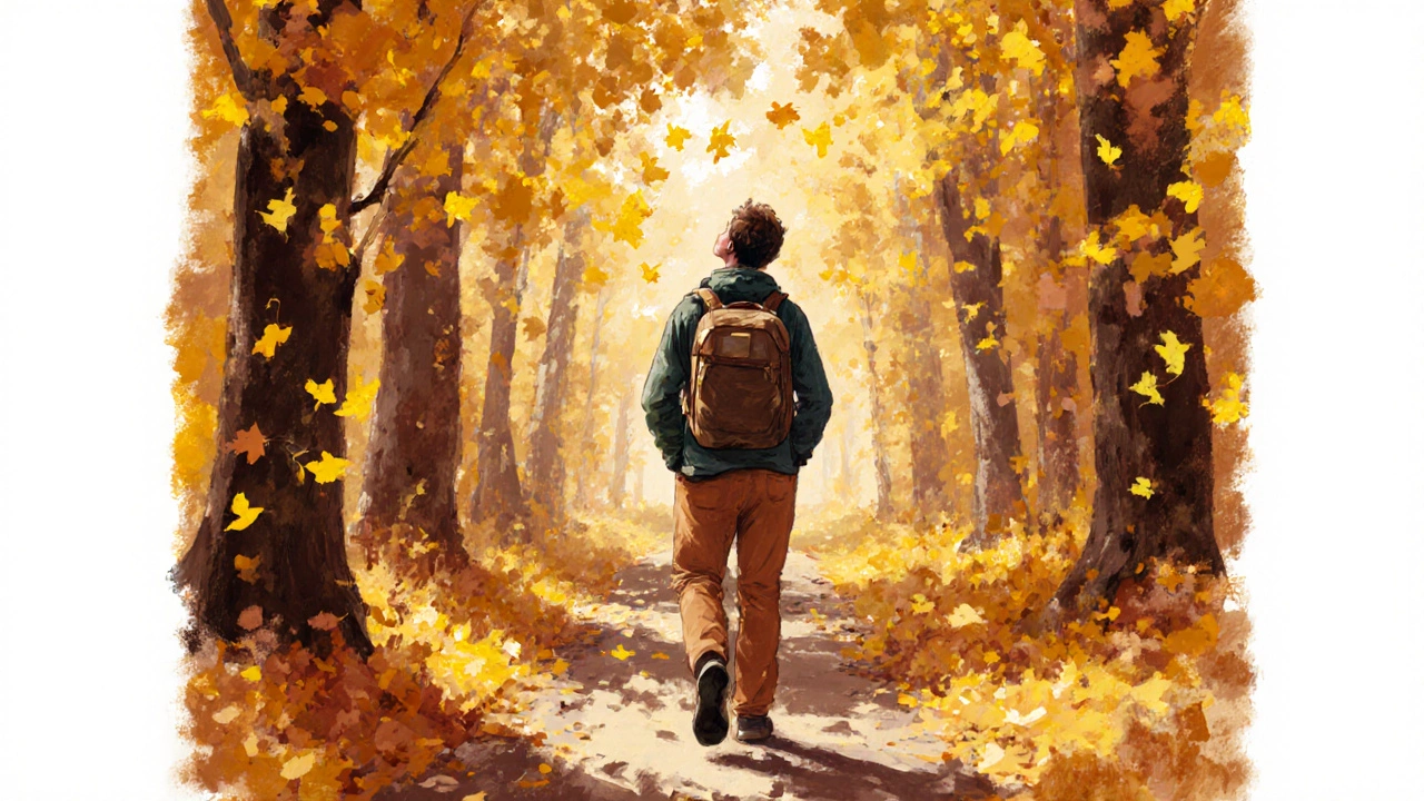 Člověk pomalu prochází lesem v podzimním světle, klidně a bez technologie.