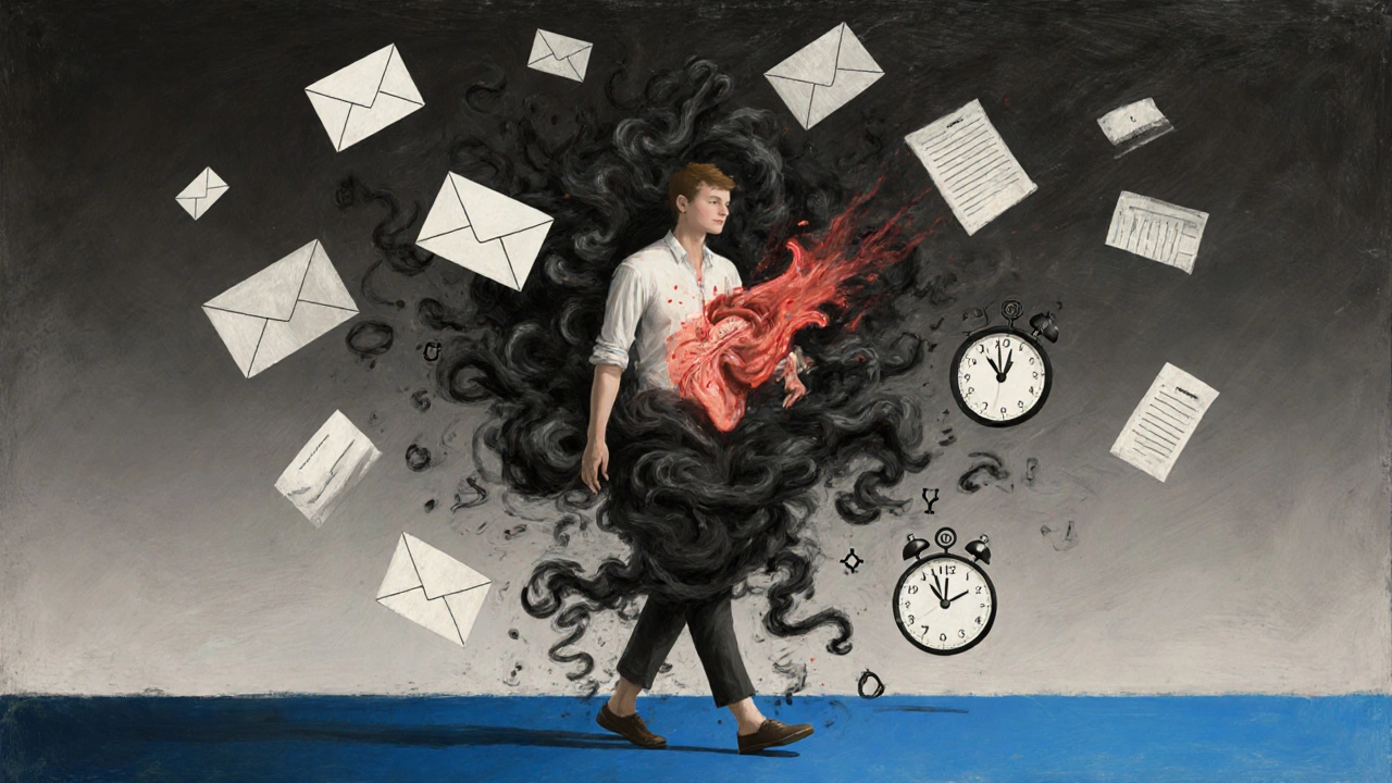 Člověk procházející bouří stresových podnětů, jeho tělo fyzicky reaguje na napětí.