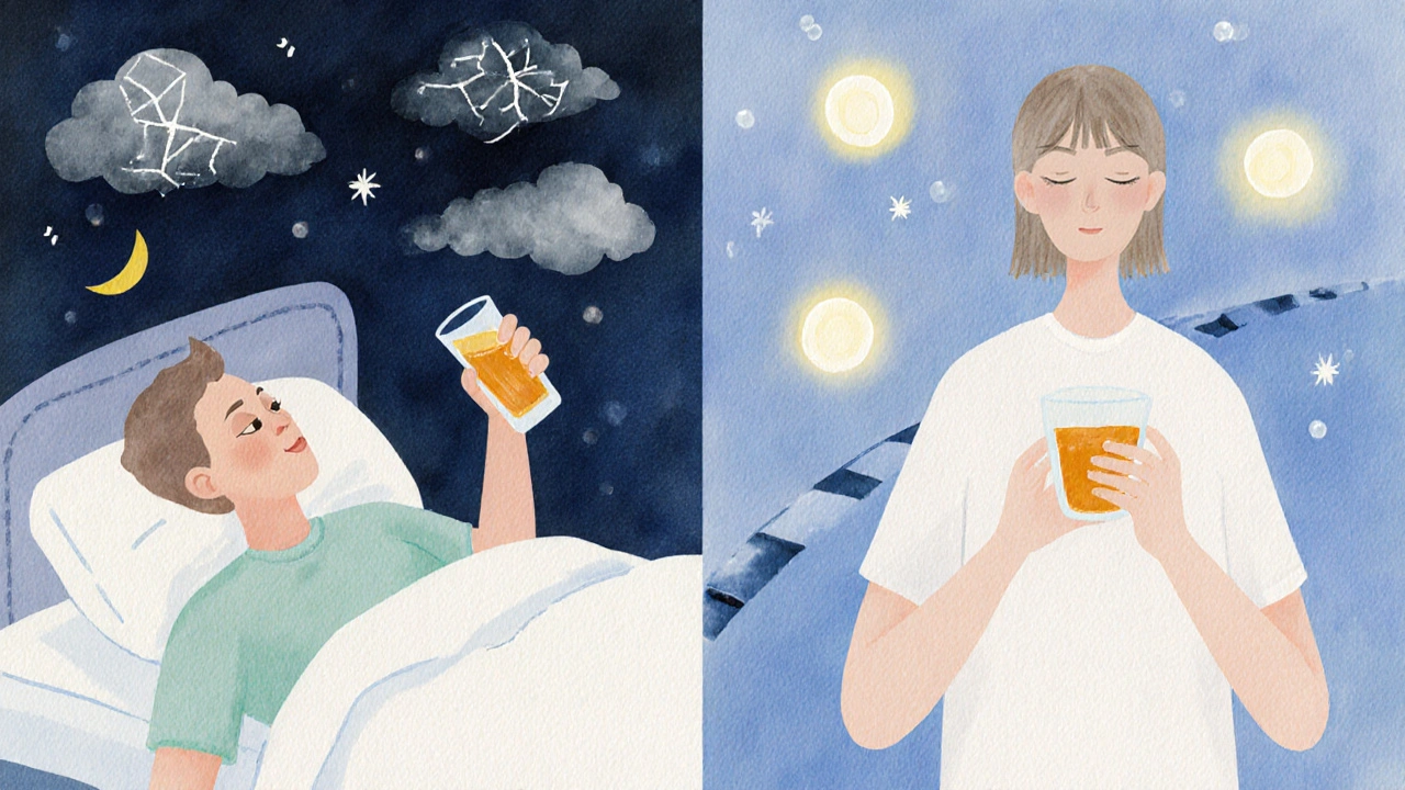 Dvě protikladné noční rituály: alkohol vs. bylinný čaj a meditace — klidný spánek.