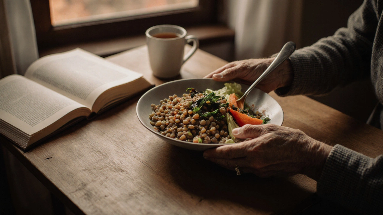 Dvě ruce drží jednoduché jídlo z čočky a sezónní zeleniny na dřevěné tabuli, vedle je čaj a otevřená kniha.
