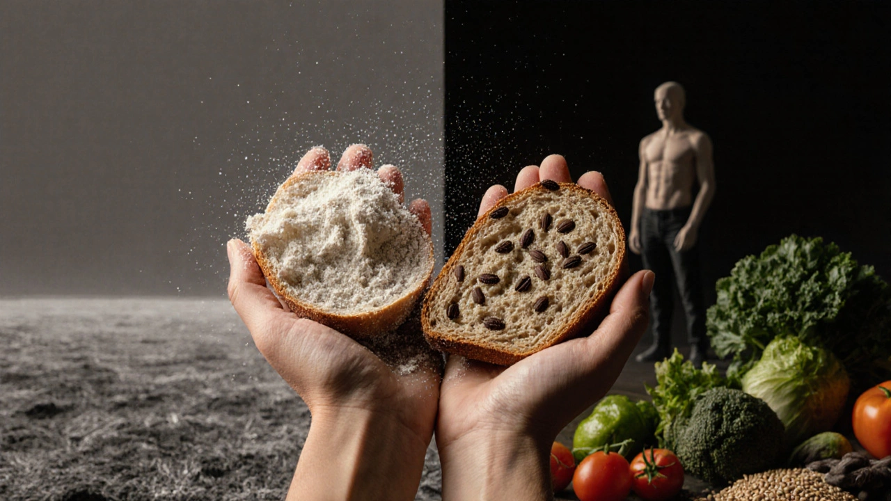 Dvě ruce: jedna pustí bílý chléb, druhá drží celozrnný – kontrast znehodnocení a výživy.