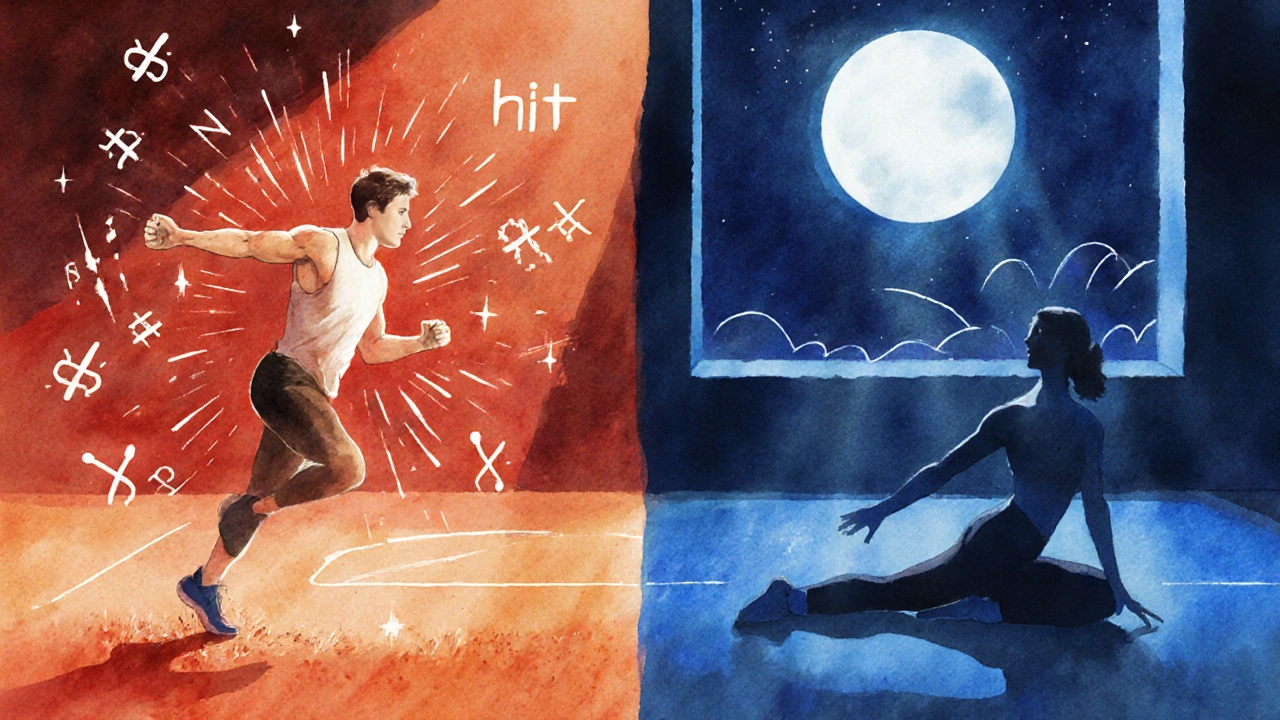 Dvě scény vedle sebe: jedna ukazuje intenzivní trénink, druhá klidné roztažování večer v klidné místnosti.