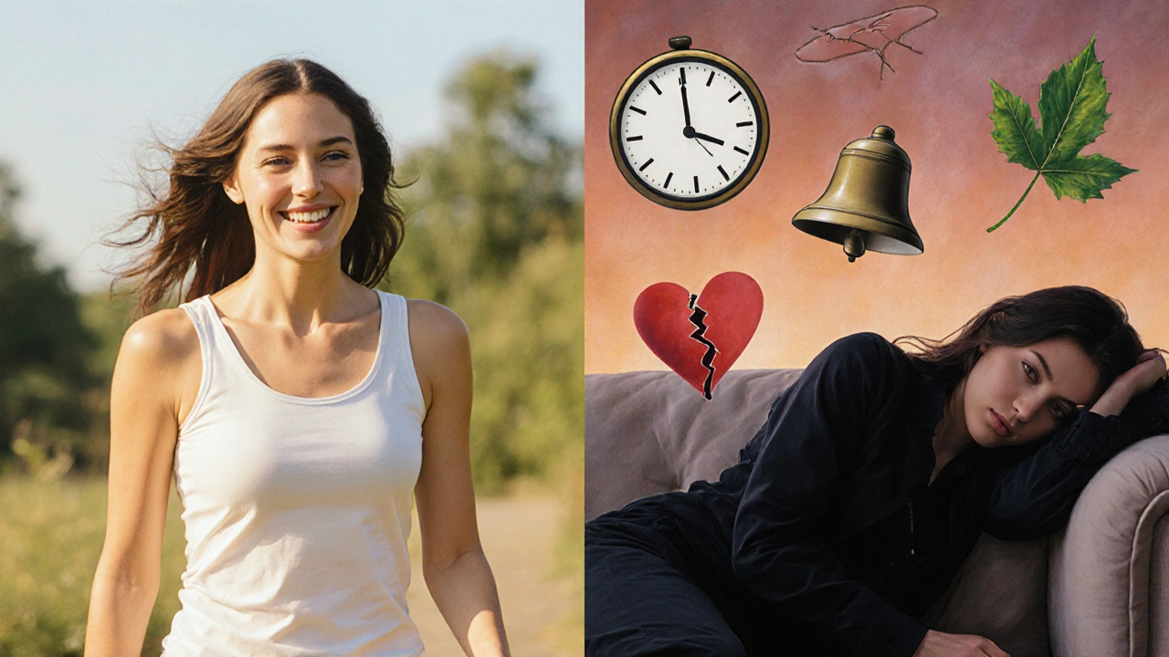 Dvě verze ženy: zdravá a vyčerpaná, symbolizující boj s chronickou únavností.