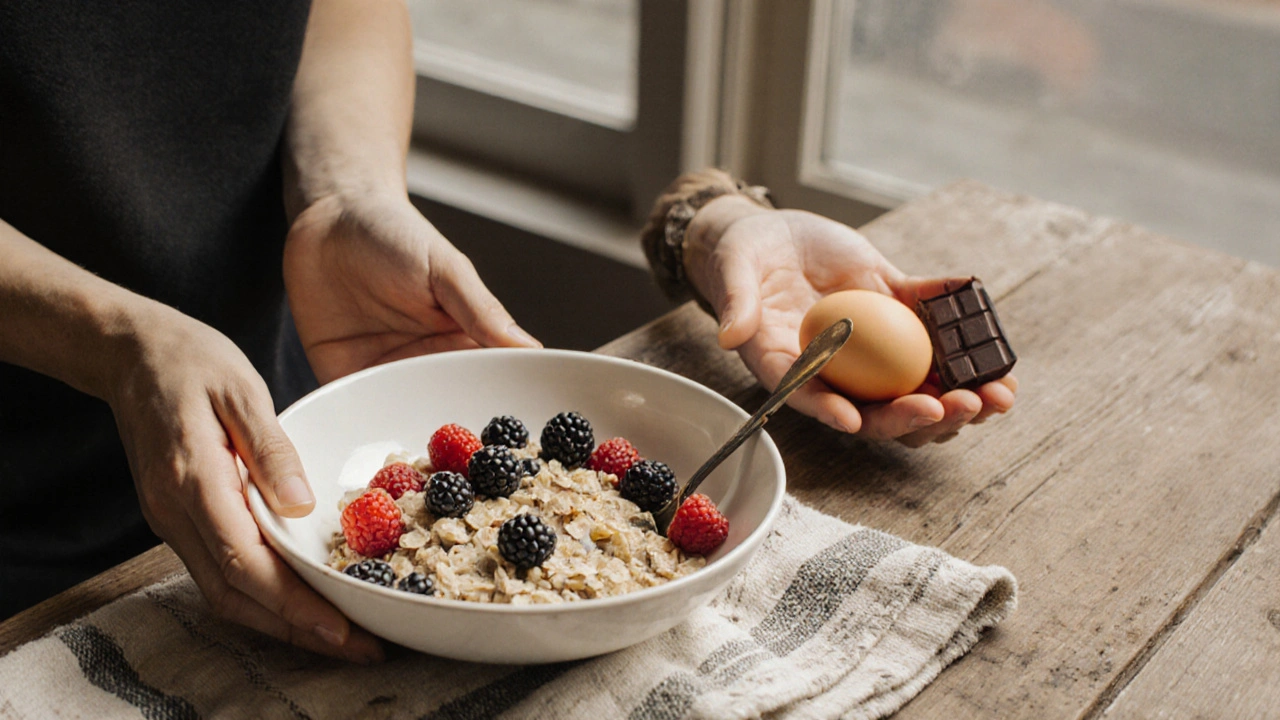 Jednoduchá jídla na dřevěné tabuli – oveska, vejce a čokoláda – bez balení.