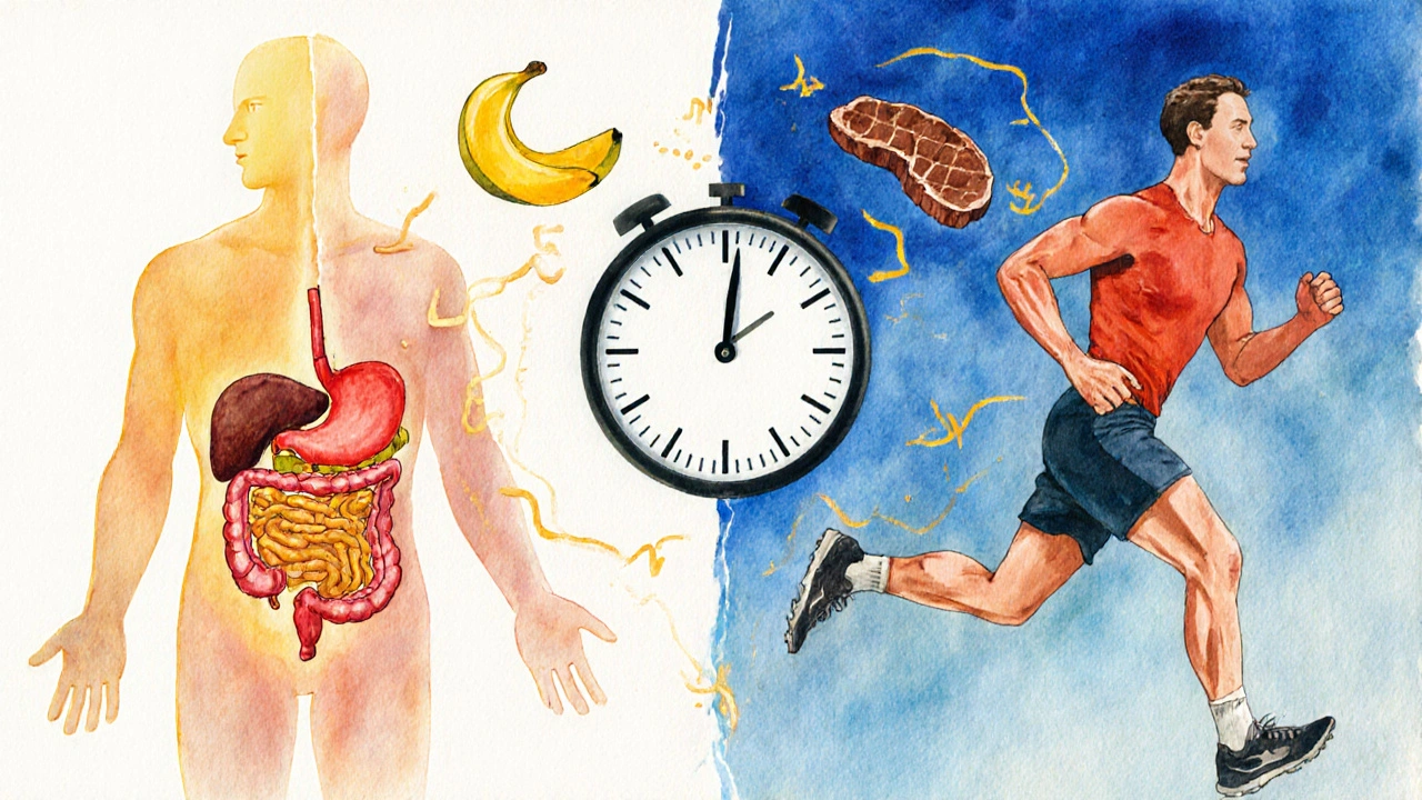 Konceptuální obrázek rozdělené postavy: jedna polovina znázorňuje trávení, druhá energii při běhu, s banánem a vepřovým masem jako symboly.