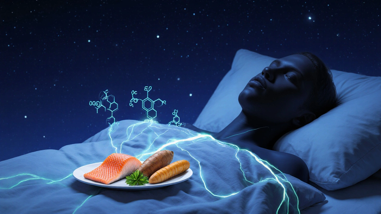 Konceptuální obrázek těla v klidu s proudy živin obnovujících svaly během spánku.