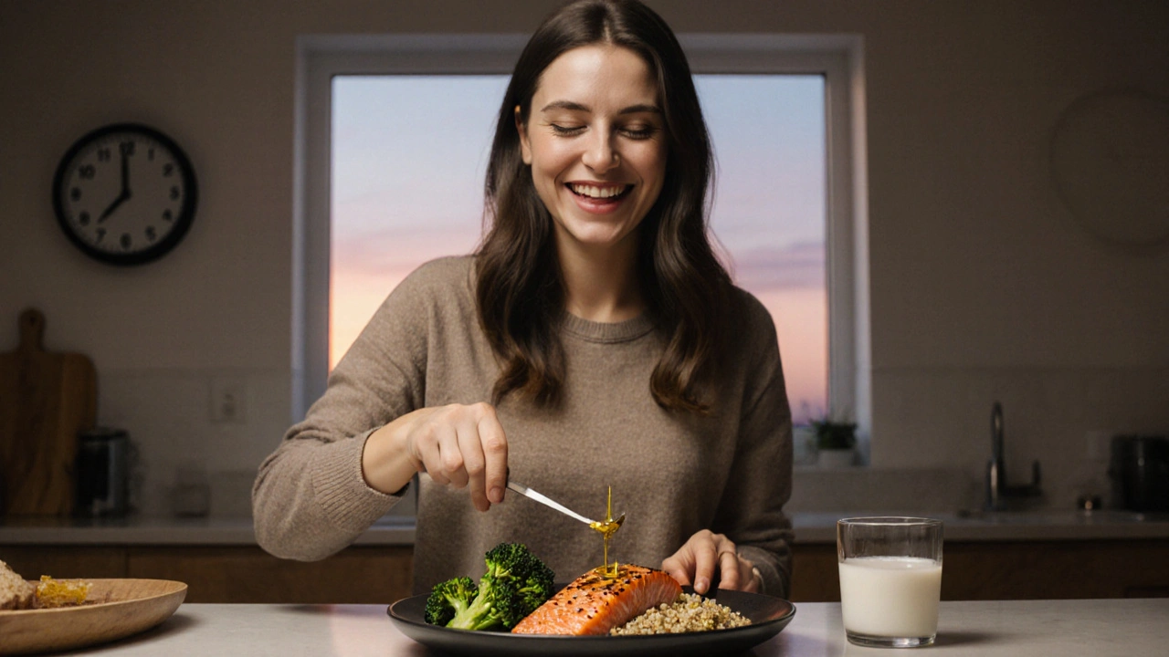 Lehká večeře s lososem a zeleninou připravovaná večer v klidné kuchyni.