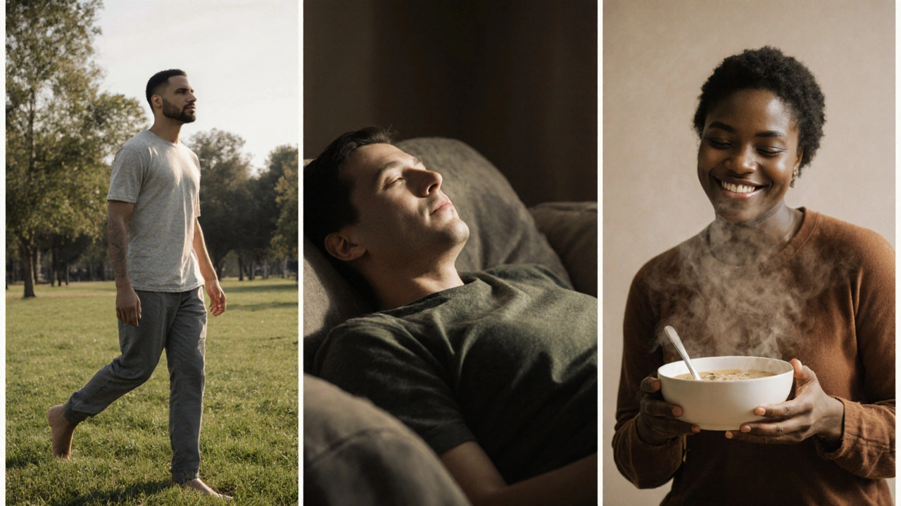 Lidé se starají o sebe v běžných chvílích — procházka, odpočinek, teplá polévka.