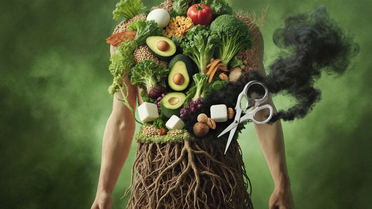 Lidské tělo jako zahrada s zdravými potravinami a odstraňovanými špatnými návyky.