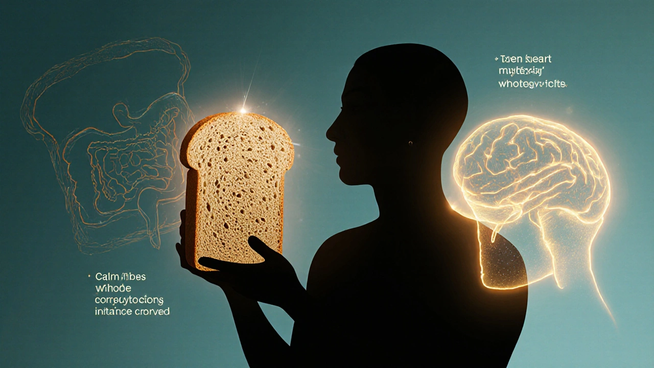 Lidský silueta drží celozrnný chléb, s transparentními ukázkami zdraví střev a mozku.