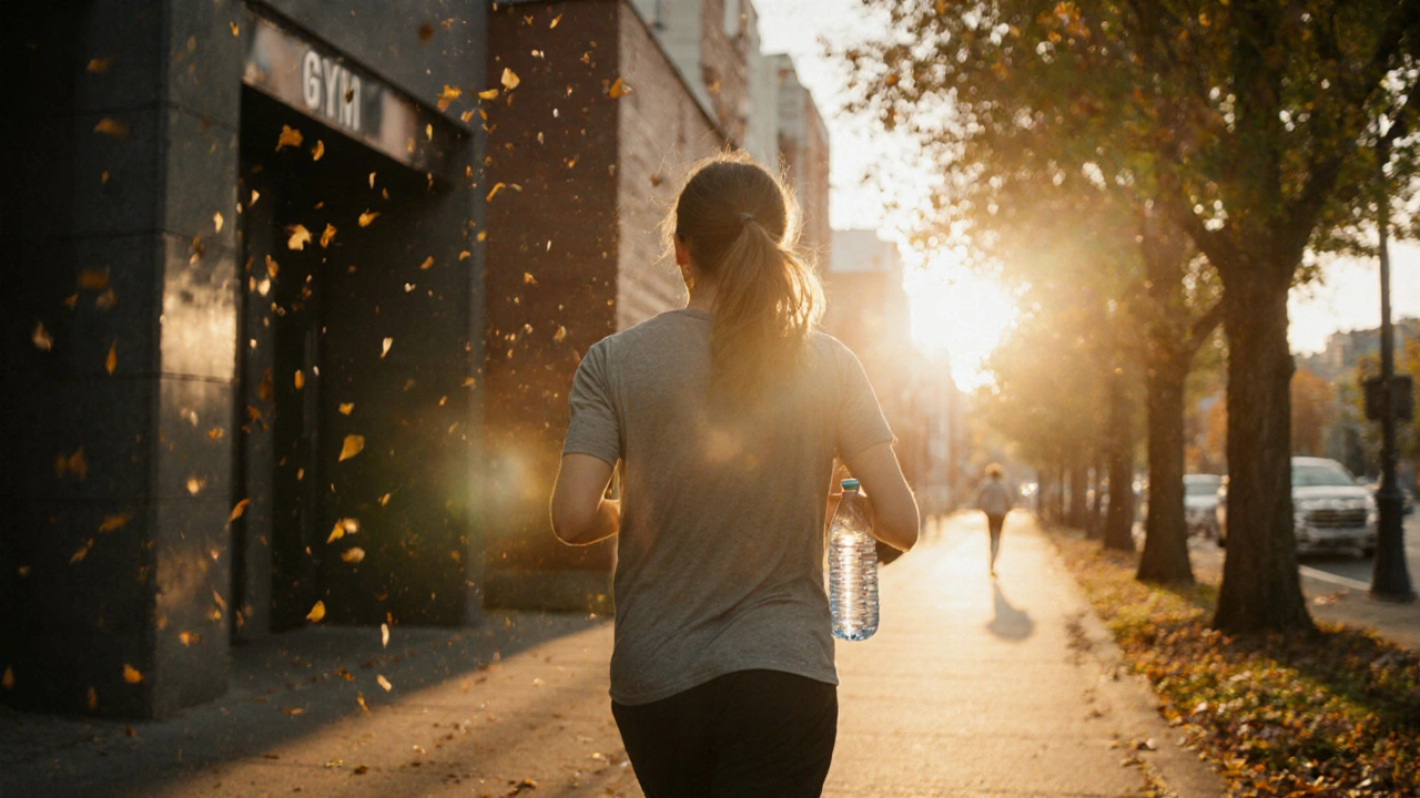 Muž jde rychle po ulici ve zlatém světle, drží láhev s vodou.