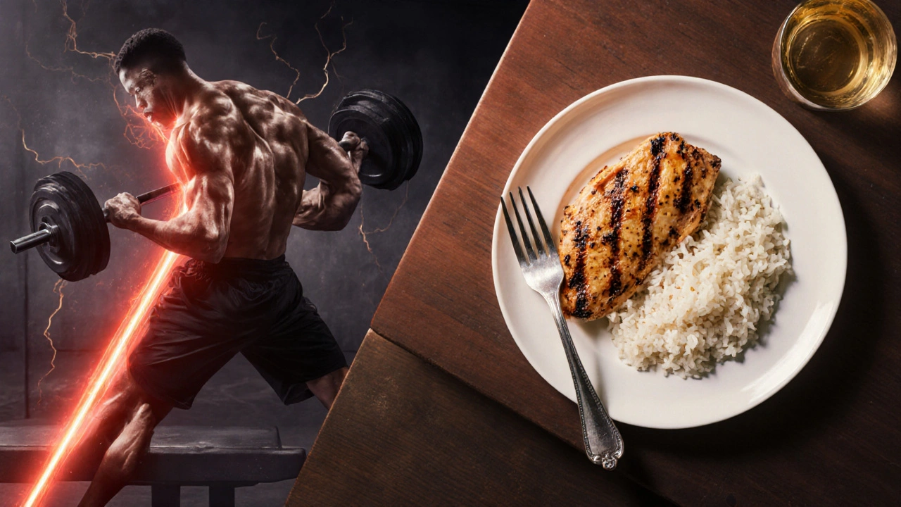 Osoba cvičí v posilovně, vedle ní je prázdná míska s kuřecím masem a rýží, kterou snědla 90 minut předtím.