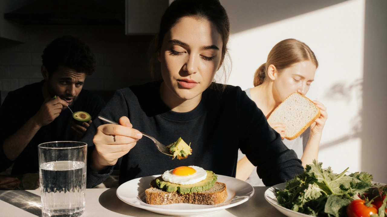 Osoba jedoucí celozrnný chléb s avokádem a vajíčkem, symbolizující zdravou stravu.