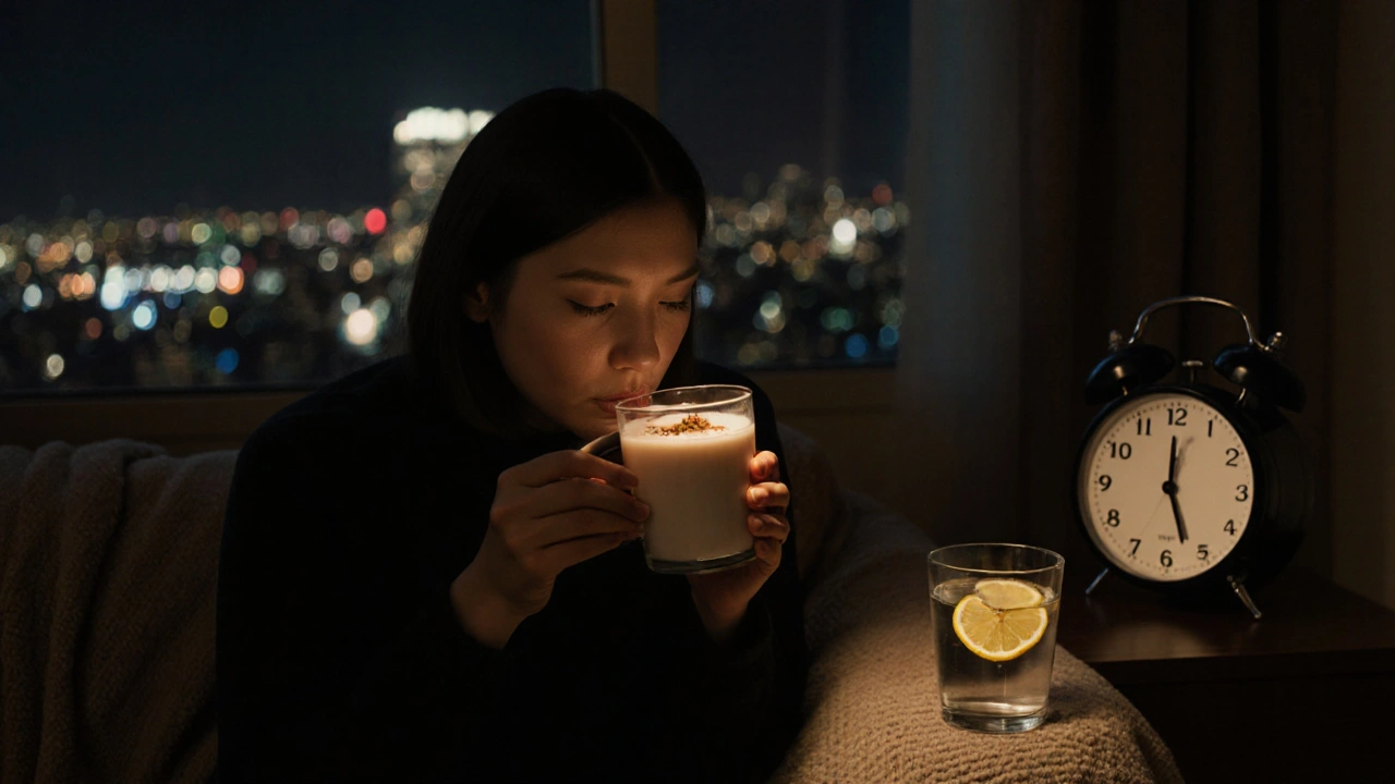 Osoba pije teplé mléko s proteinovým práškem večer na pohovce, sklenice vody s citronem vedle.