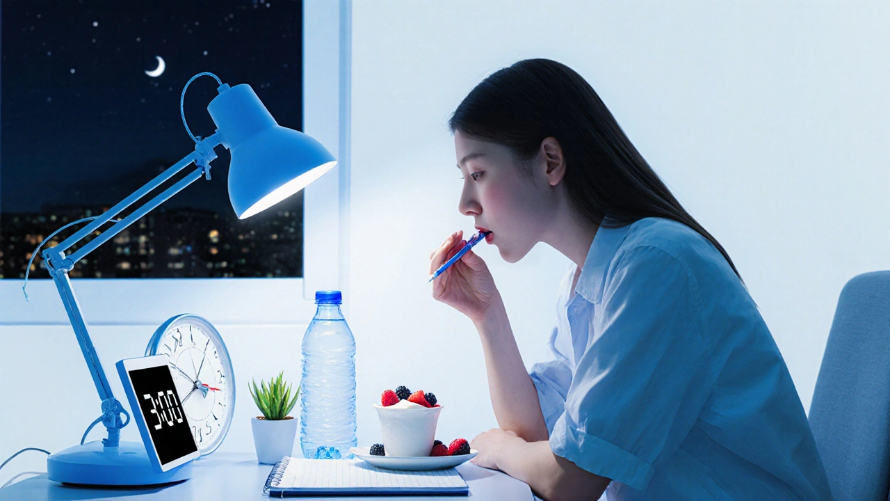 Osoba pracující v noční směně jí lehké jídlo v 3:00 ráno pod měkkým osvětlením.