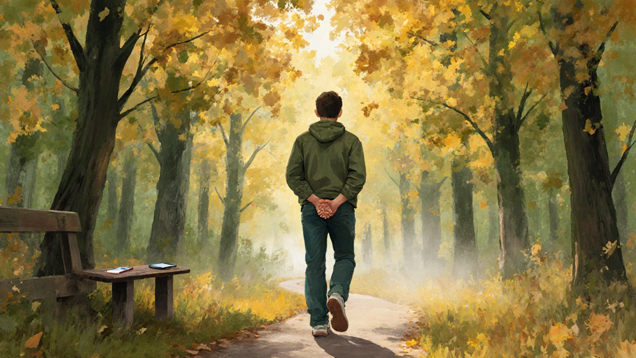 Osoba prochází lesem v západu slunce, telefon zůstal na lavičce.