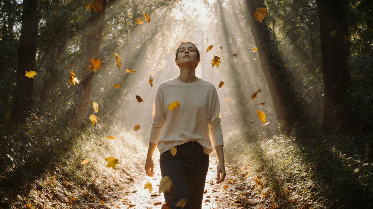 Osoba prochází lesní stezku v klidu, sluneční světlo prosvítá skrz listí.