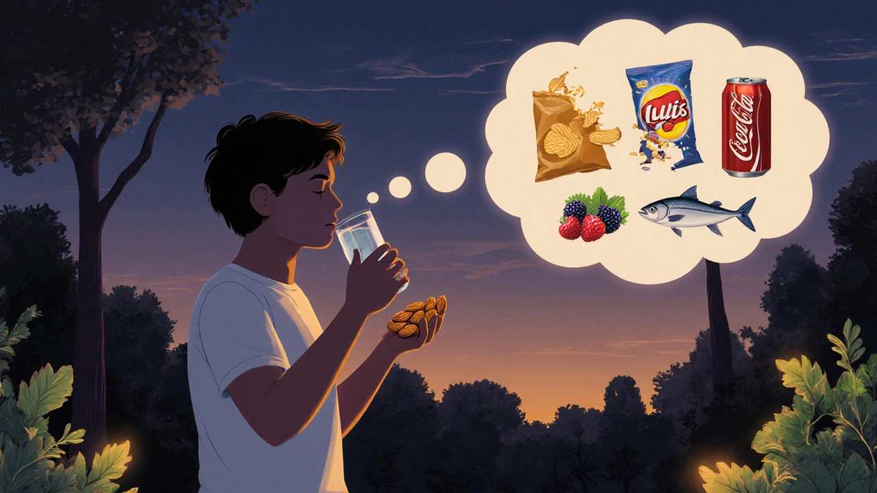 Osoba prochází v parku a drží ořechy, zatímco zpracované potraviny mizí.