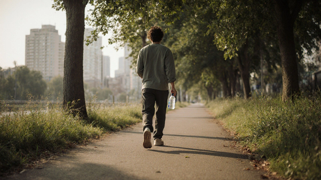 Osoba se pomalu prochází po ulici pod stromy, drží láhev s vodou.
