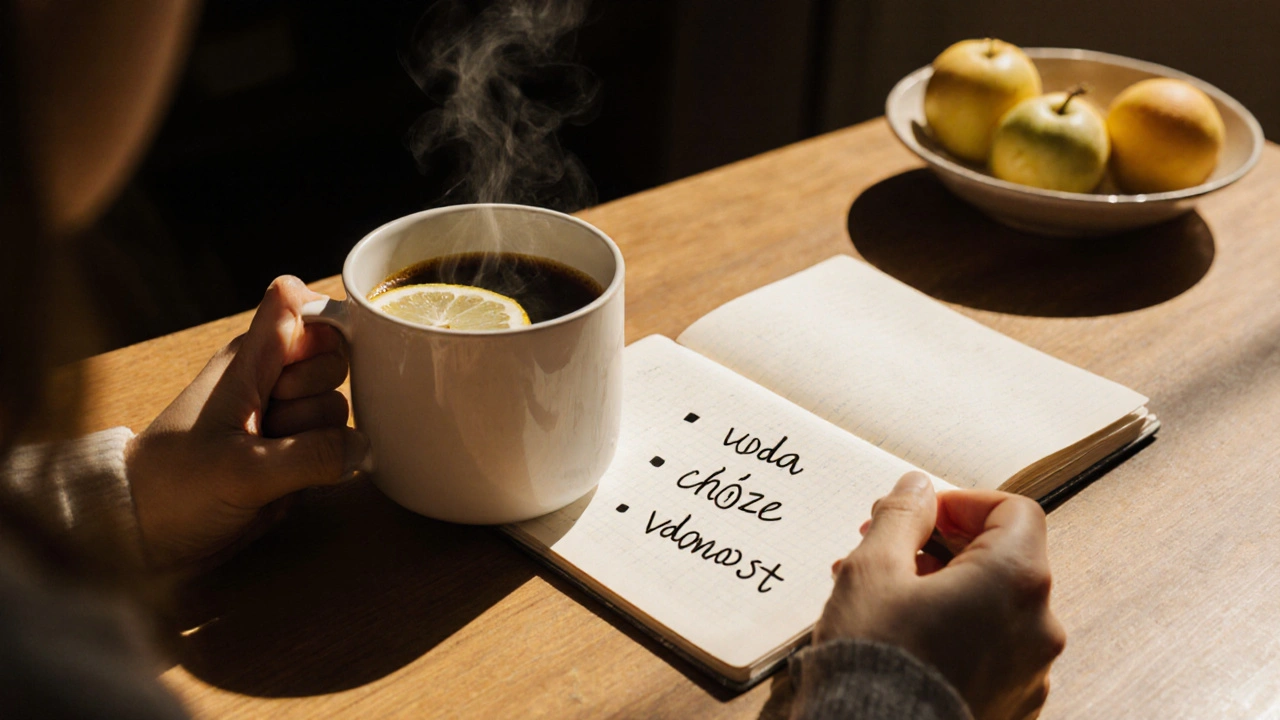 Osoba sedí u stolu s kávou a poznámkami o malých krocích ke zdravějšímu životu.