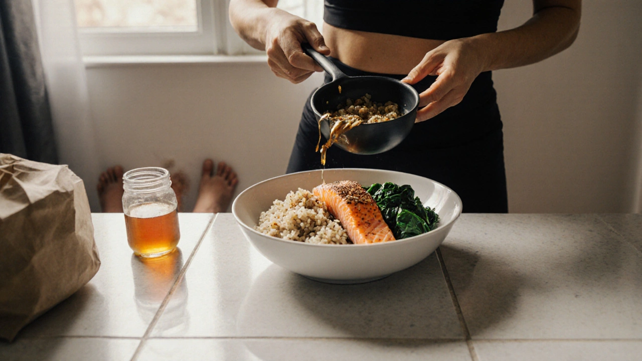 Příprava rýže s tuňákem a špenátem v kuchyni s přirozeným světlem.